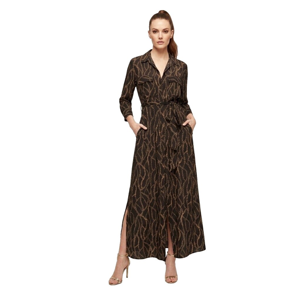 L'AGENCE Cameron Silk Black Chain Print Maxi Shirt Dress M $675